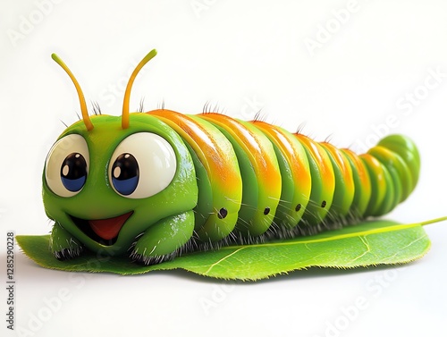 Playful cartoon caterpillar on leaf nature scene close-up fun photo