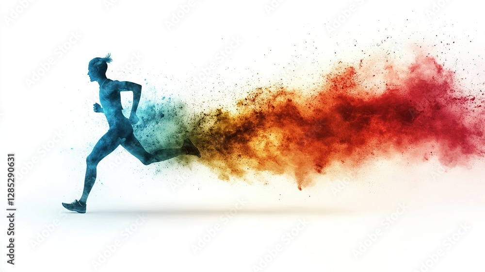 Naklejka premium Vibrant Runner in Motion, dynamic color splashes, athlete silhouette, energy and creativity captured in motion