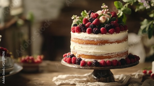 Wallpaper Mural Rustic Cake Display with Fresh Berries and Flowers in a Cozy Bakery Setting Torontodigital.ca