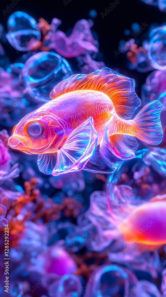 Fototapeta premium Glowing fish swims in neon jellyfish aquarium