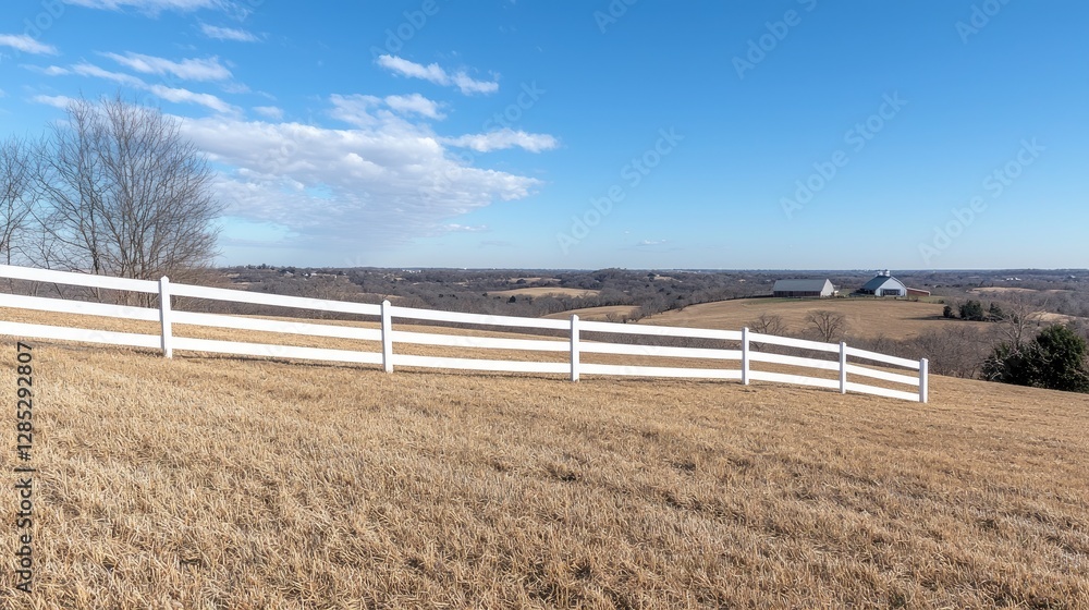 Panoramic view of white fence and farm landscape Panoramic view of white fence and farm landscape