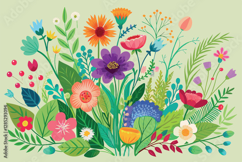Spring or summer colorful floral set with meadow wild herbs and flowers. Wild flowers.
