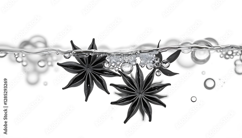 Fototapeta premium Dark intricate star-shaped anise pods submerged in clear bubbling water against a bright white background, concept for culinary spice illustration, healthy cooking and beverage advertising