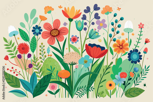 Spring or summer colorful floral set with meadow wild herbs and flowers. Wild flowers.
