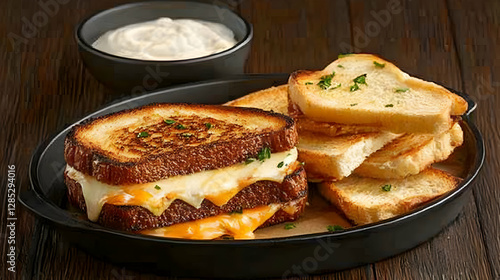 Grilled cheese sandwich, toasted bread, creamy dip. Food photography for recipe blogs