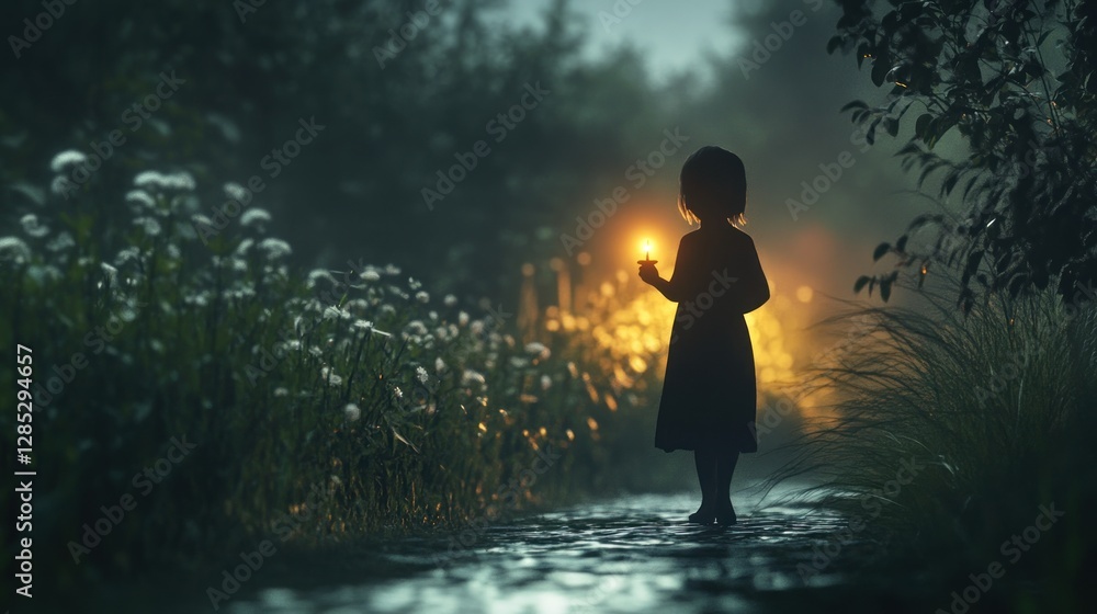 Child Holding Light in a Misty Garden at Dusk, Evoking Wonder and Curiosity Child Holding Light in a Misty Garden at Dusk, Evoking Wonder and Curiosity