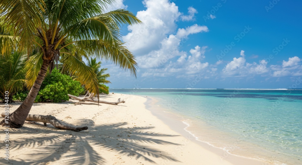 Fototapeta premium Idyllic Tropical Beach with Palm Trees, White Sand, and Turquoise Water