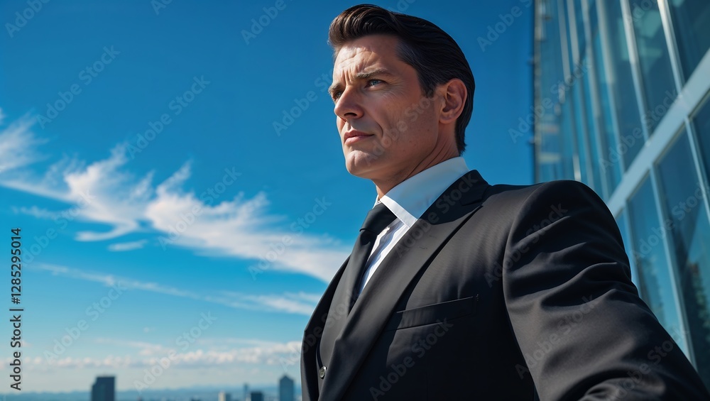 Confident Businessman on Skyscraper Rooftop Overlooking City at Sunset Confident Businessman on Skyscraper Rooftop Overlooking City at Sunset