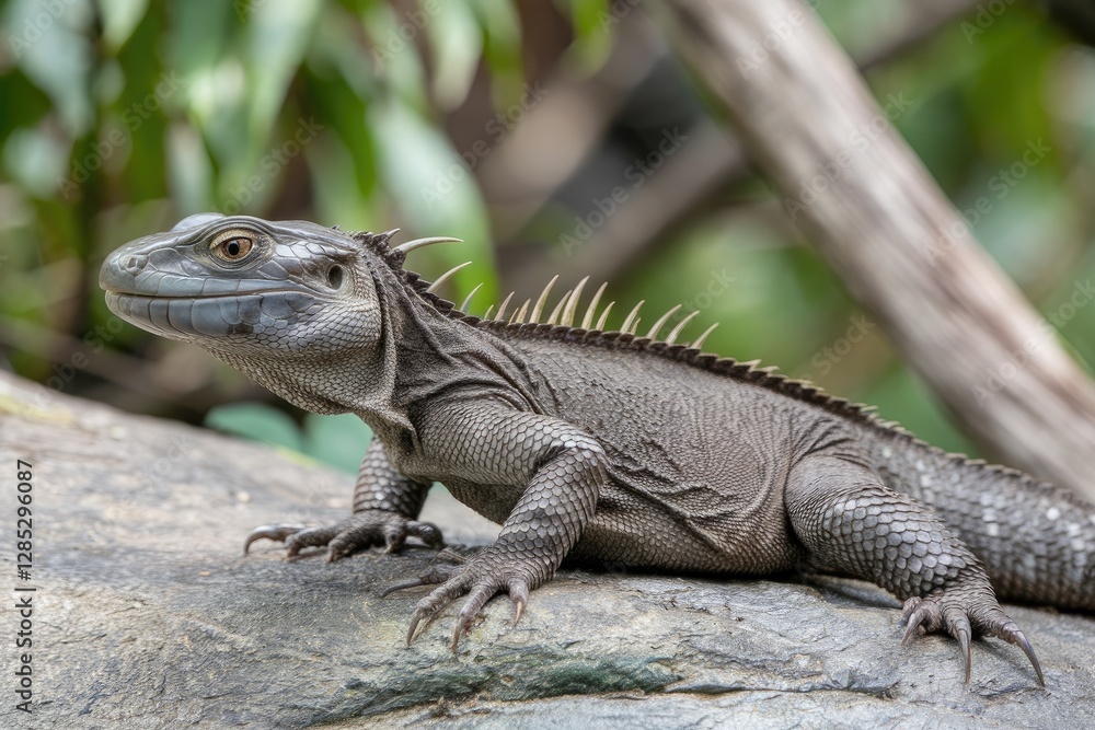 Close-up of Gray Spiny-Tailed Iguana Resting on Rock, with a Neutral Tone, Detailed Scales, Spikes, Focus on Eye, and Natural, Blurred Greenery Background Close-up of Gray Spiny-Tailed Iguana Resting on Rock, with a Neutral Tone, Detailed Scales, Spikes, Focus on Eye, and Natural, Blurred Greenery Background