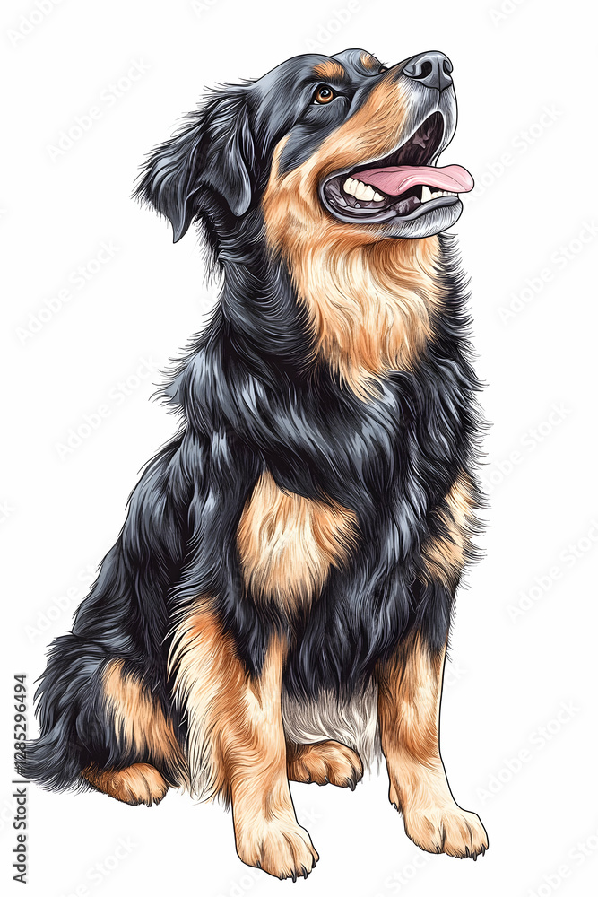 Happy dog sitting, looking up, white background, pet portrait Happy dog sitting, looking up, white background, pet portrait