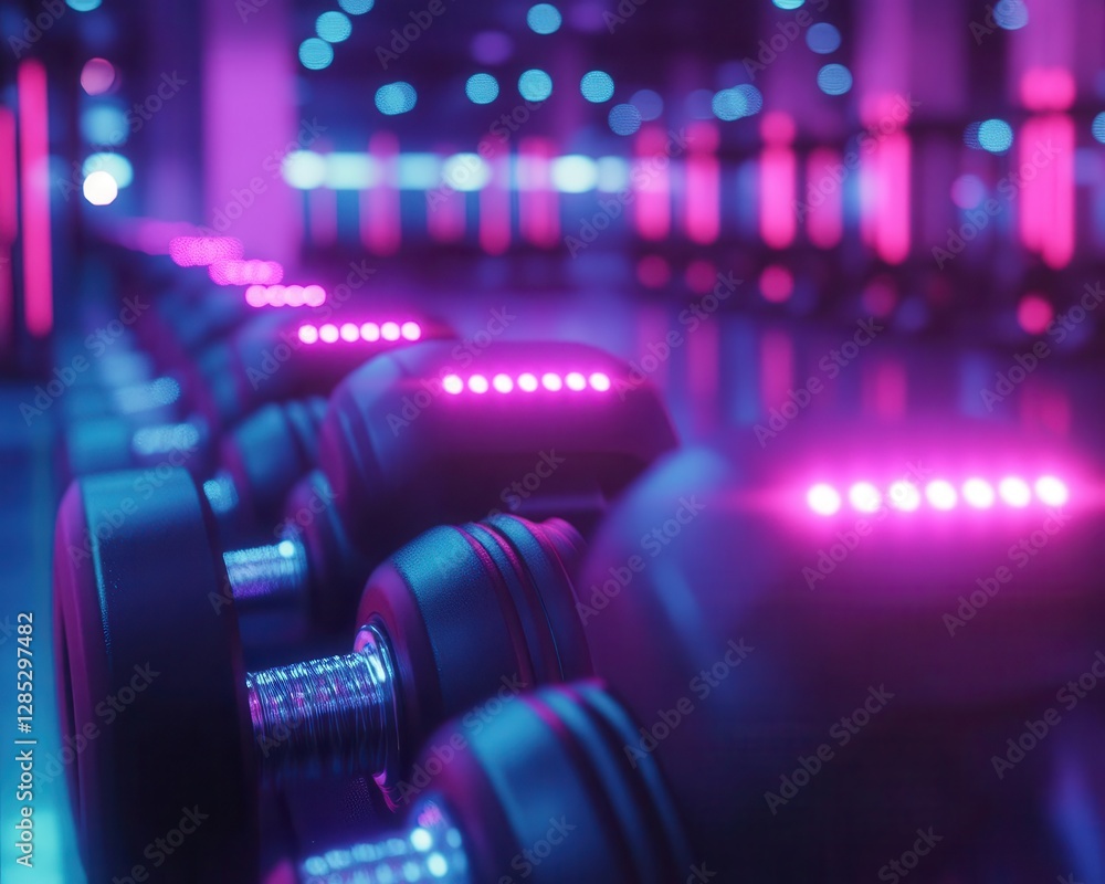 Fototapeta premium Strength training with dumbbells and glowing AR fitness data, sleek modern gym, dynamic lighting, photorealistic