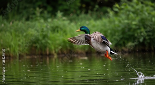 Mallard Duck Taking Flight Over Water with Green Foliage Backdrop
