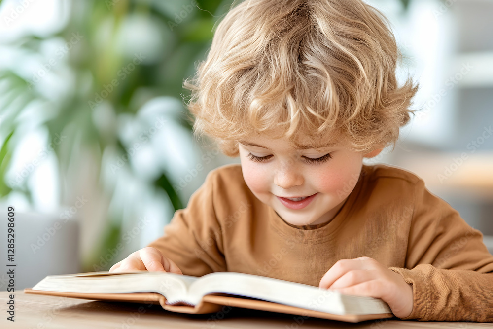 Happy toddler reading book at home, indoor plants background Happy toddler reading book at home, indoor plants background
