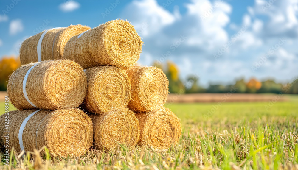 Hay bales stacked in autumn field, sunny day Hay bales stacked in autumn field, sunny day