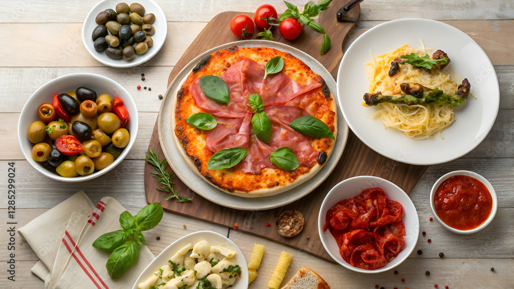 A variety of traditional Italian dishes arranged in a visually appealing way. A variety of traditional Italian dishes arranged in a visually appealing way.