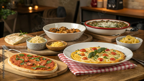 A variety of traditional Italian dishes arranged in a visually appealing way.