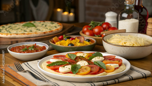 A variety of traditional Italian dishes arranged in a visually appealing way.