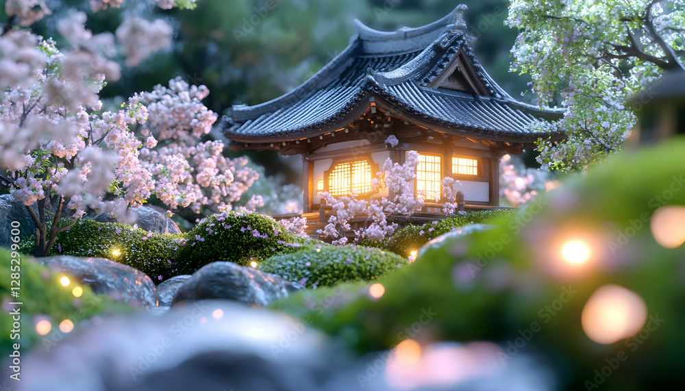 Illuminated Japanese temple amidst blossoming cherry trees, peaceful garden, night serenity, meditation