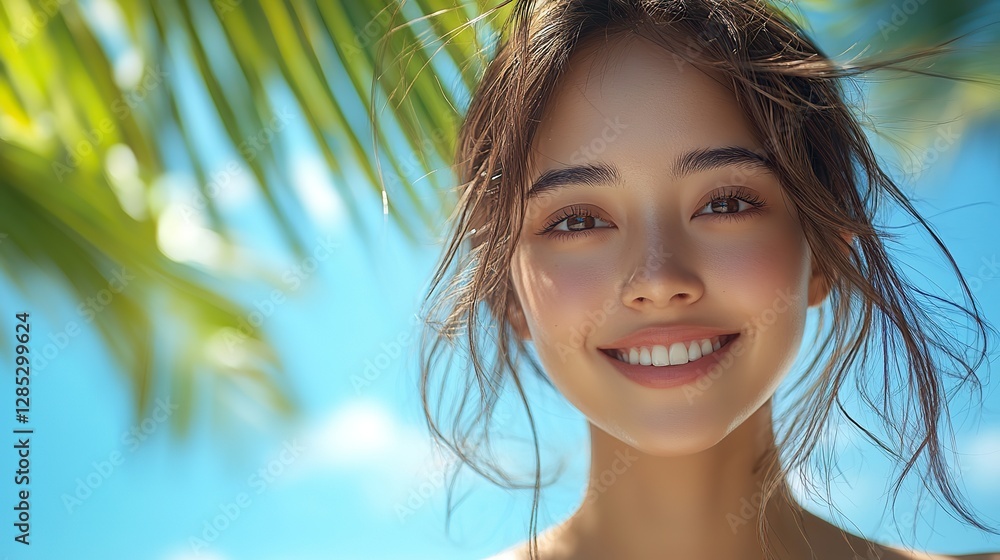 A joyful Asian woman with a playful smile stands against a bright blue sky and palm leaves, radiating happiness and warmth. Her natural beauty shines in this vibrant outdoor setting. A joyful Asian woman with a playful smile stands against a bright blue sky and palm leaves, radiating happiness and warmth. Her natural beauty shines in this vibrant outdoor setting.