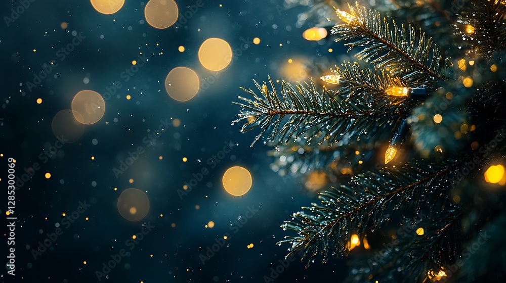 A close-up of water droplets on the leaves and branches of an evergreen tree, with soft-focus bokeh lights behind it. A close-up of water droplets on the leaves and branches of an evergreen tree, with soft-focus bokeh lights behind it.