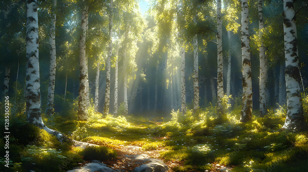 Fototapeta premium Sunlight Illuminating Birch Forest Path