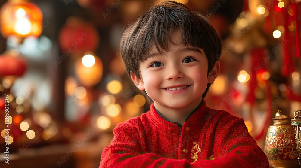 A joyful family gathering during Chinese New Year features a smiling boy in a red sweater, surrounded by festive decorations and loved ones. The atmosphere is warm and celebratory. A joyful family gathering during Chinese New Year features a smiling boy in a red sweater, surrounded by festive decorations and loved ones. The atmosphere is warm and celebratory.
