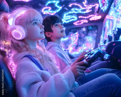 Kids playing video game, neon lights, futuristic car, entertainment