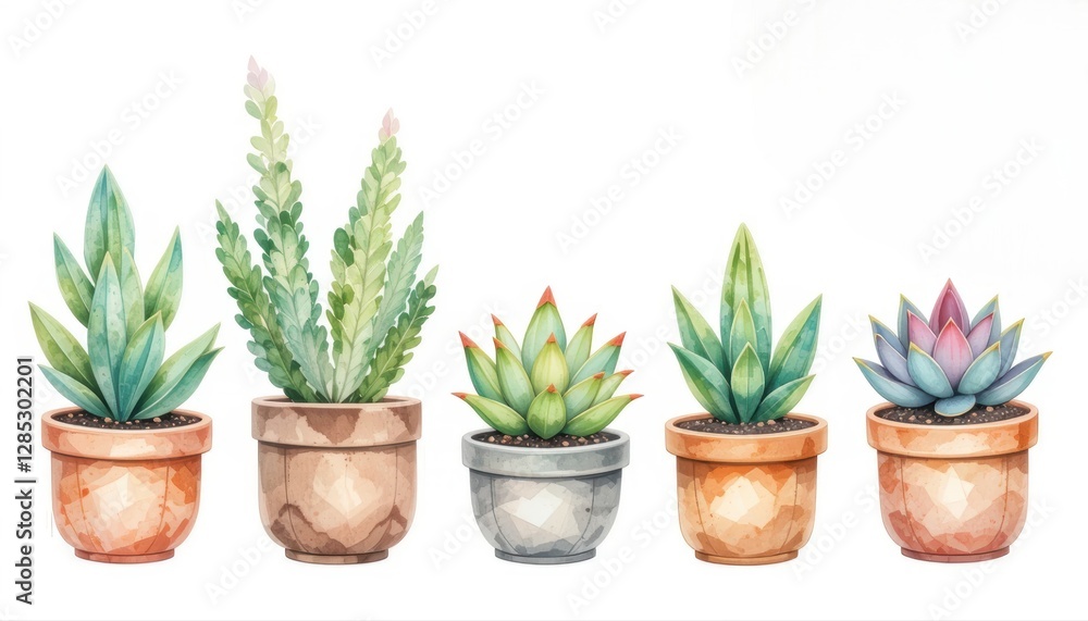 Fototapeta premium Colorful Watercolor Illustrations of Various Indoor Plants in Planters Isolated on White Background for Decoration