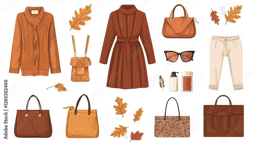 Fall fashion and accessories in earthy autumn tones displayed beautifully Fall fashion and accessories in earthy autumn tones displayed beautifully