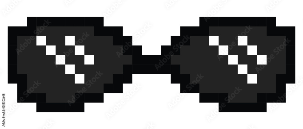 Pixel glasses icon set.Pixel black sunglasses.Pixel art sunglasses with white light reflection and white background.Pixel Art Shades Cool Thug Glasses Vector Illustration. Pixel glasses icon set.Pixel black sunglasses.Pixel art sunglasses with white light reflection and white background.Pixel Art Shades Cool Thug Glasses Vector Illustration.