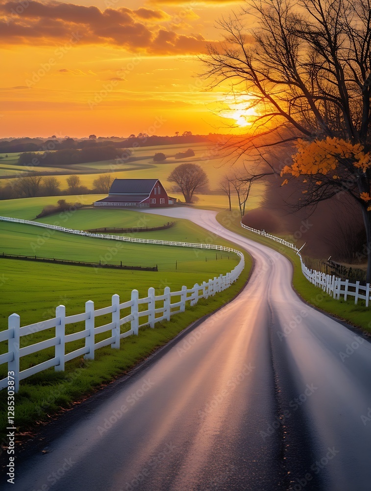 Fototapeta premium A picturesque countryside road winding through lush green fields at sunset, with warm golden light reflecting on the path, creating a peaceful and scenic rural landscape full of serenity