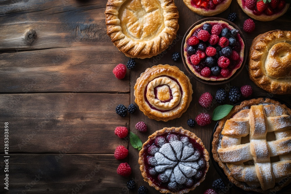 Delicious mini pies with berries arranged on rustic wooden table Delicious mini pies with berries arranged on rustic wooden table