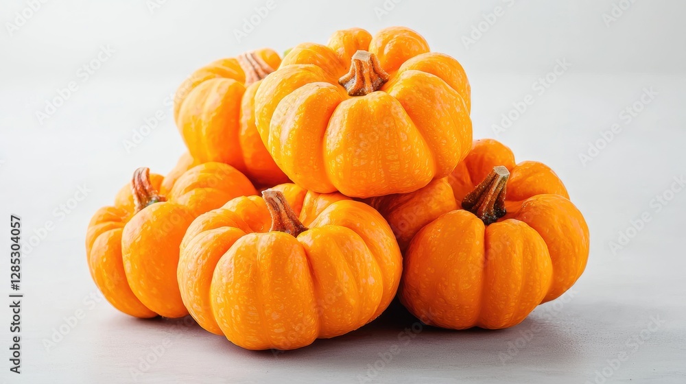 Stack of mini pumpkins on gray background. Autumn harvest, food, still life Stack of mini pumpkins on gray background. Autumn harvest, food, still life