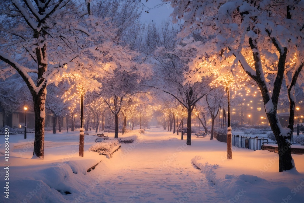 Snow covered trees lining a path with christmas lights at twilight Snow covered trees lining a path with christmas lights at twilight