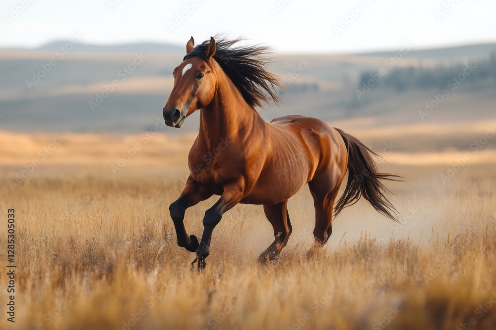 Brown horse running in a field at sunset Brown horse running in a field at sunset