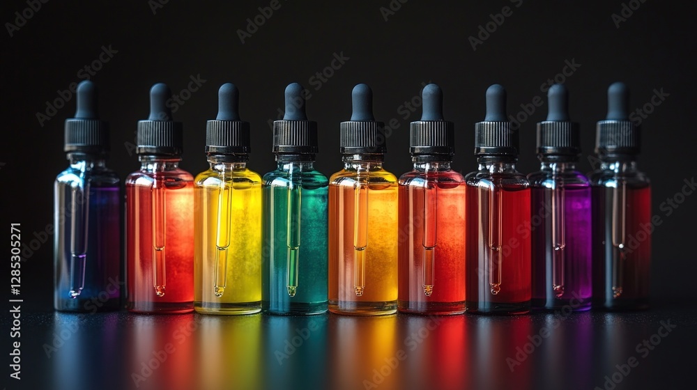 Ten colorful glass bottles with droppers, arranged in a row on a dark surface, reflecting light. Ten colorful glass bottles with droppers, arranged in a row on a dark surface, reflecting light.