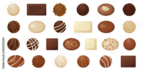 Chocolate pralines candies top view isolated collection graphic illustration.