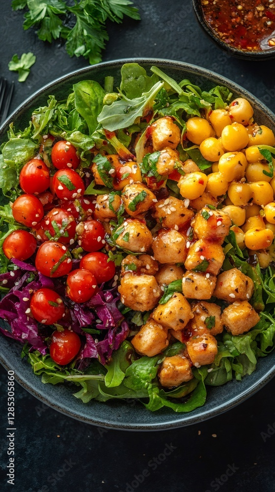 Delicious chicken salad with lettuce, tomatoes, chickpeas and red cabbage, seasoned with sesame seeds Delicious chicken salad with lettuce, tomatoes, chickpeas and red cabbage, seasoned with sesame seeds