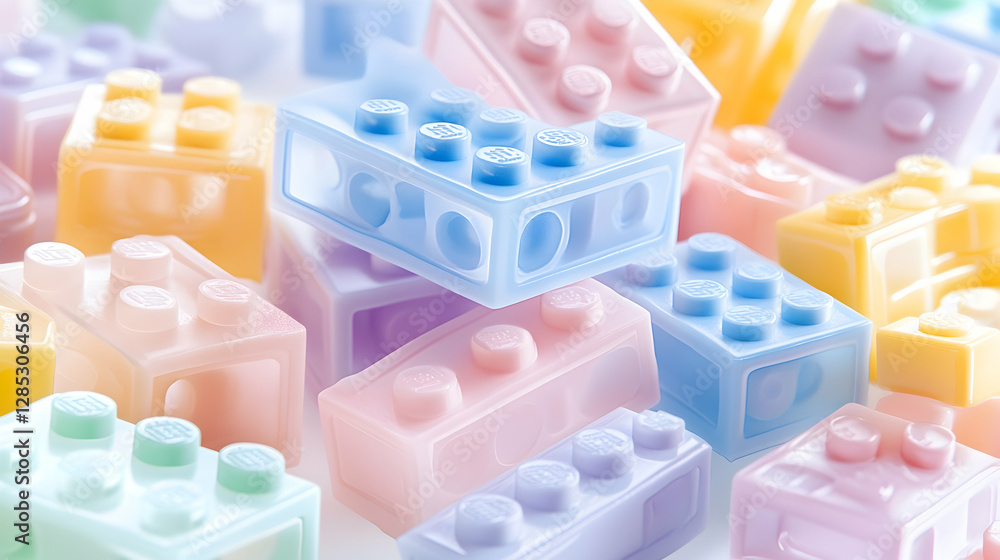 Naklejka premium Pastel plastic blocks, close-up, studio shot, toy background