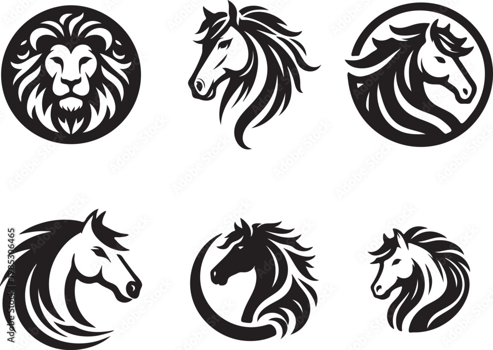 Fototapeta premium Stylish Black and White Horse and Lion Logos