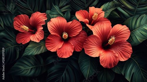 Wallpaper Mural A lively tropical floral pattern showcases the beauty of hibiscus flowers and lush foliage, creating a vibrant and energetic design Torontodigital.ca