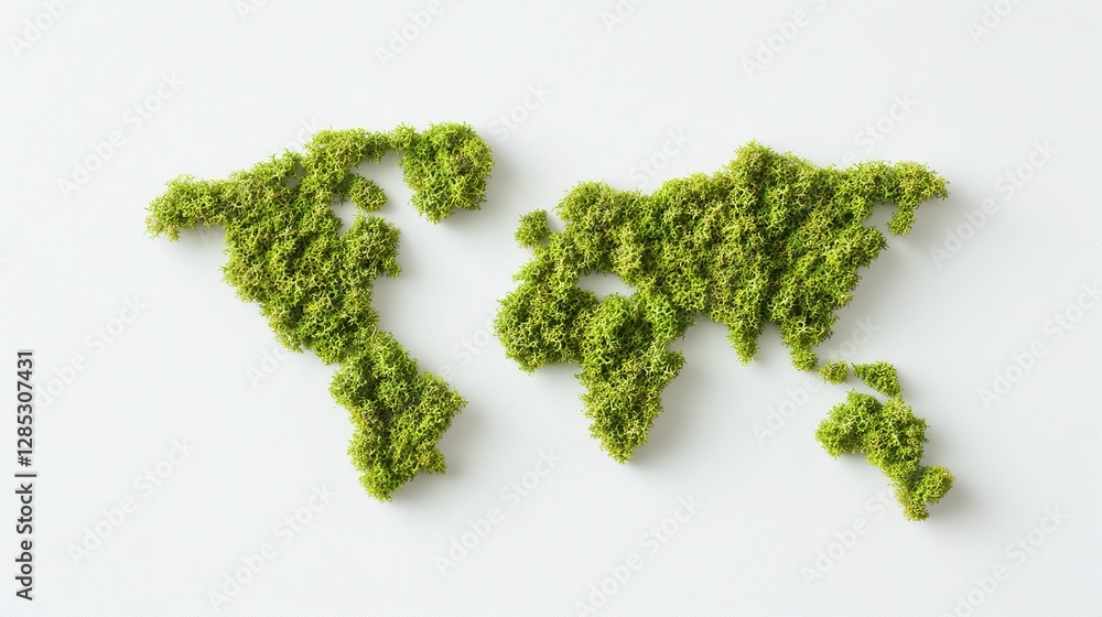 Moss World Map, Sustainability, White Background, Eco Concept Moss World Map, Sustainability, White Background, Eco Concept