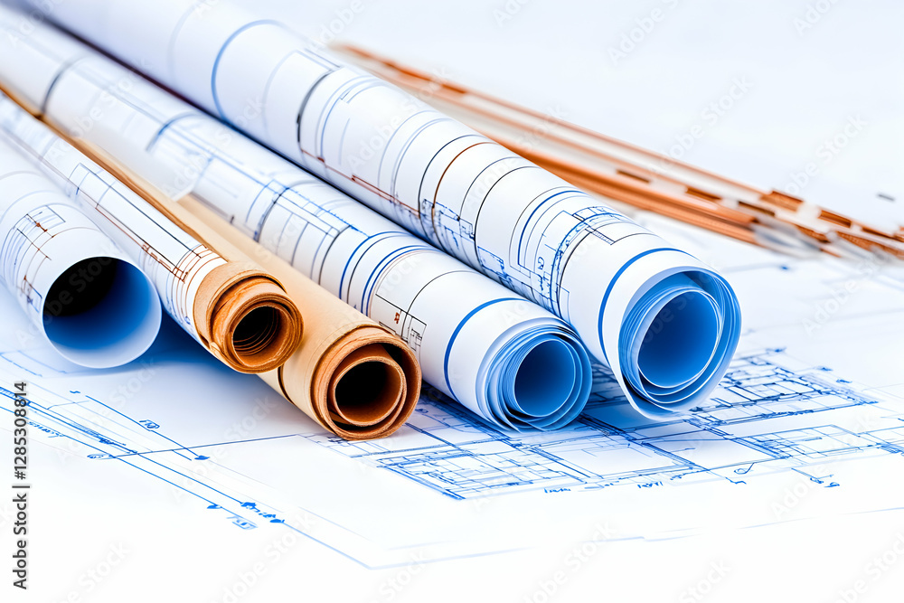 Fototapeta premium Rolled blueprints on desk, architectural plans, design process, office background, construction project