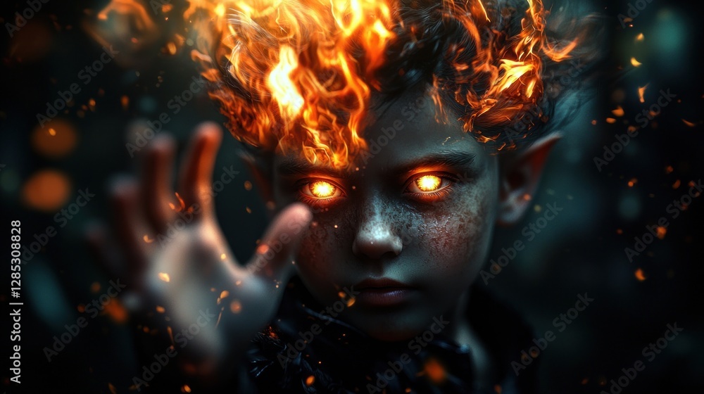 A mystical child with fiery hair and glowing eyes casts spells in an enchanted forest A mystical child with fiery hair and glowing eyes casts spells in an enchanted forest