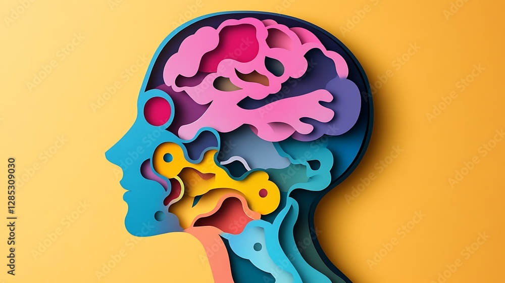 Obraz premium Colorful Profile Silhouette with Abstract Brain Shapes in Vibrant Layered Paper Art Style