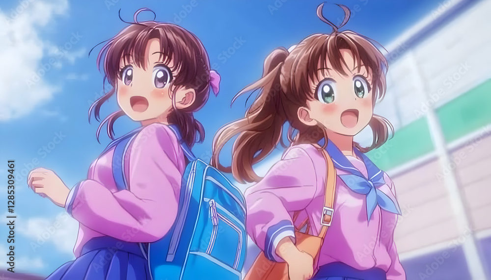 Schoolgirls hurry to class, sunny day, city background, anime style Schoolgirls hurry to class, sunny day, city background, anime style