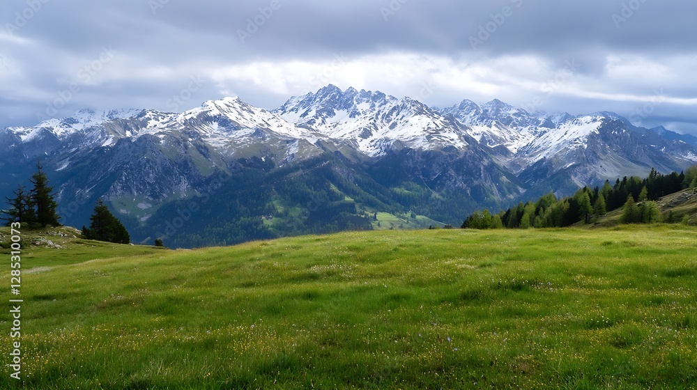 Breathtaking Mountain Landscape with Snow-Capped Peaks and Vibrant Green Fields Under Dramatic Sky : Generative AI Breathtaking Mountain Landscape with Snow-Capped Peaks and Vibrant Green Fields Under Dramatic Sky : Generative AI