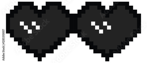 Pixel glasses icon set.Pixel black sunglasses.Pixel art sunglasses with white light reflection and white background.Pixel Art Shades Cool Thug Glasses Vector Illustration. 