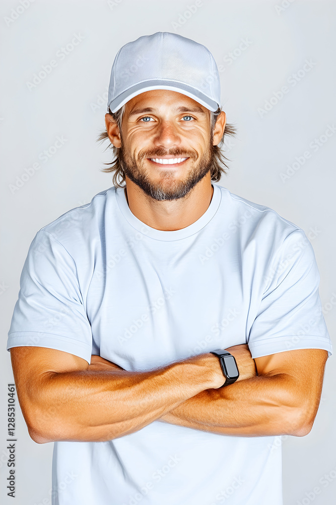 Smiling man, arms crossed, studio portrait, light background, website profile Smiling man, arms crossed, studio portrait, light background, website profile