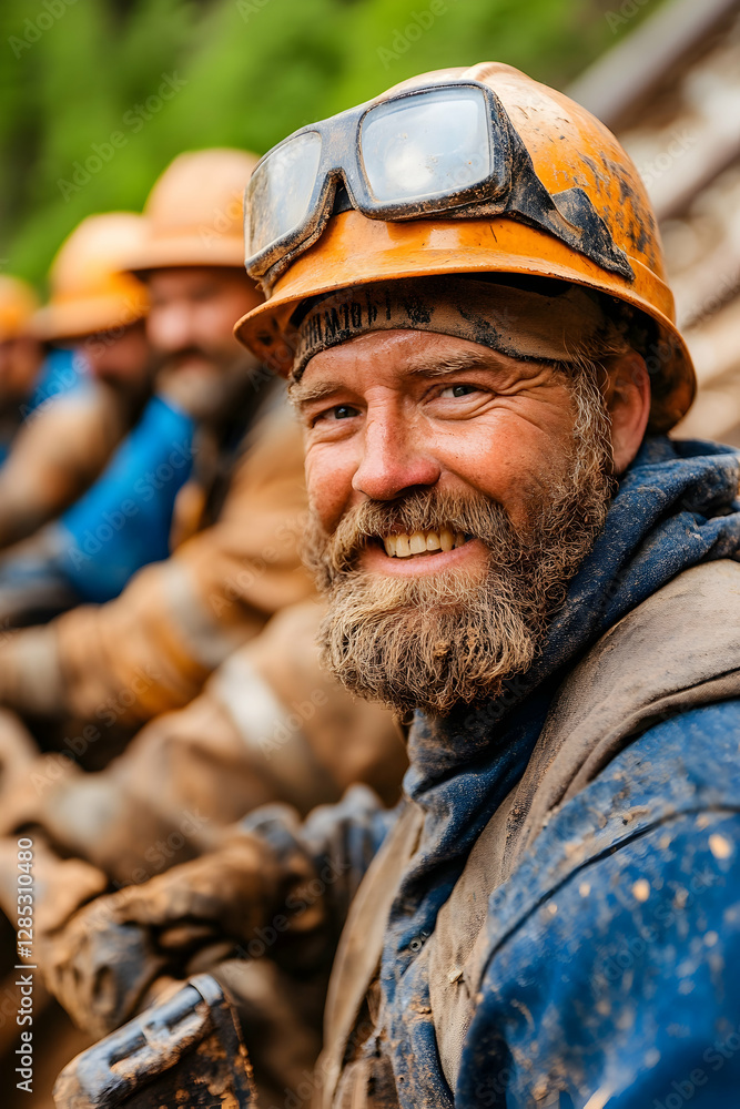 Obraz premium Smiling miner in muddy overalls, gold mining team, Alaskan wilderness